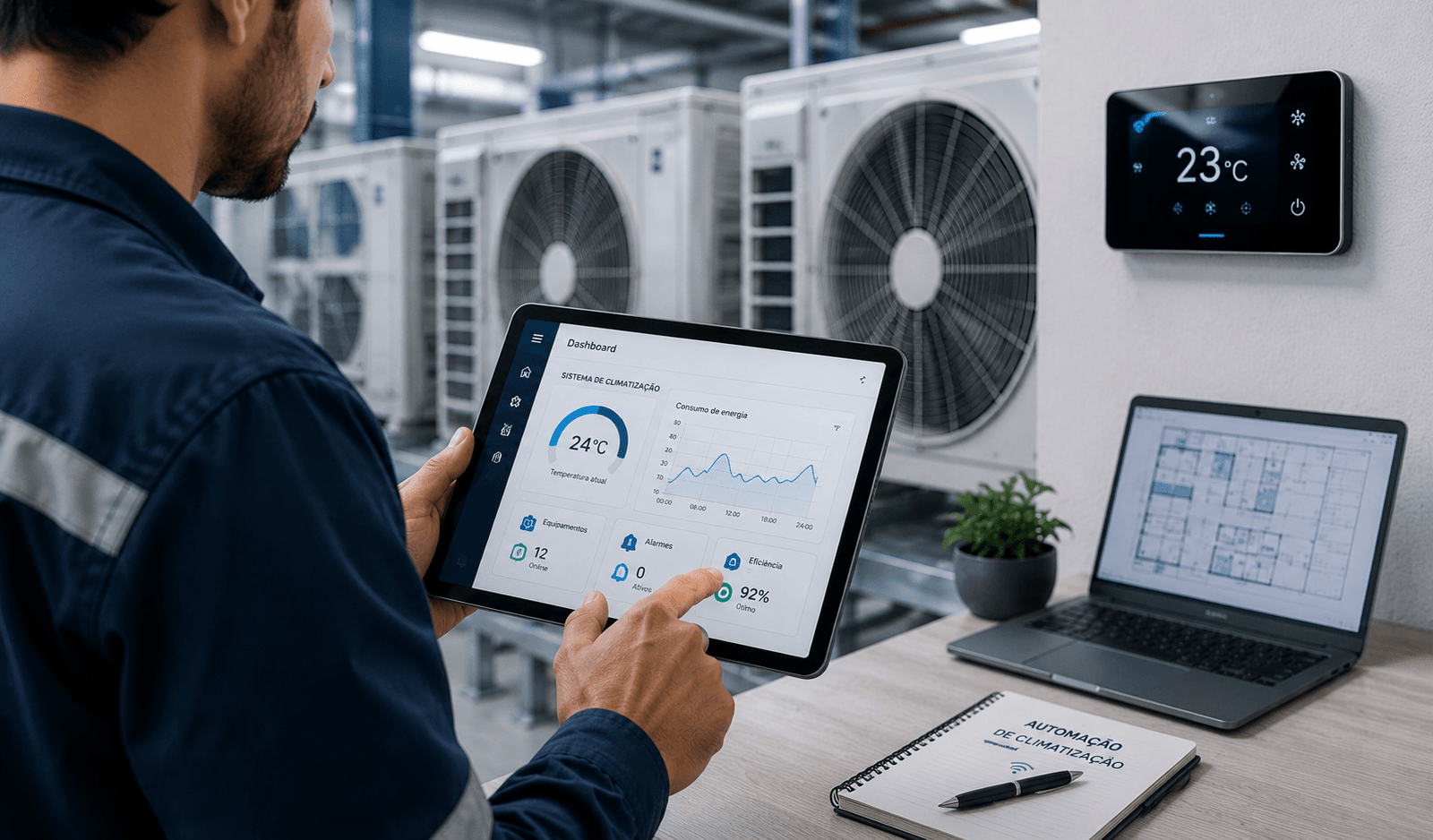 Técnico monitorando sistema automatizado de climatização