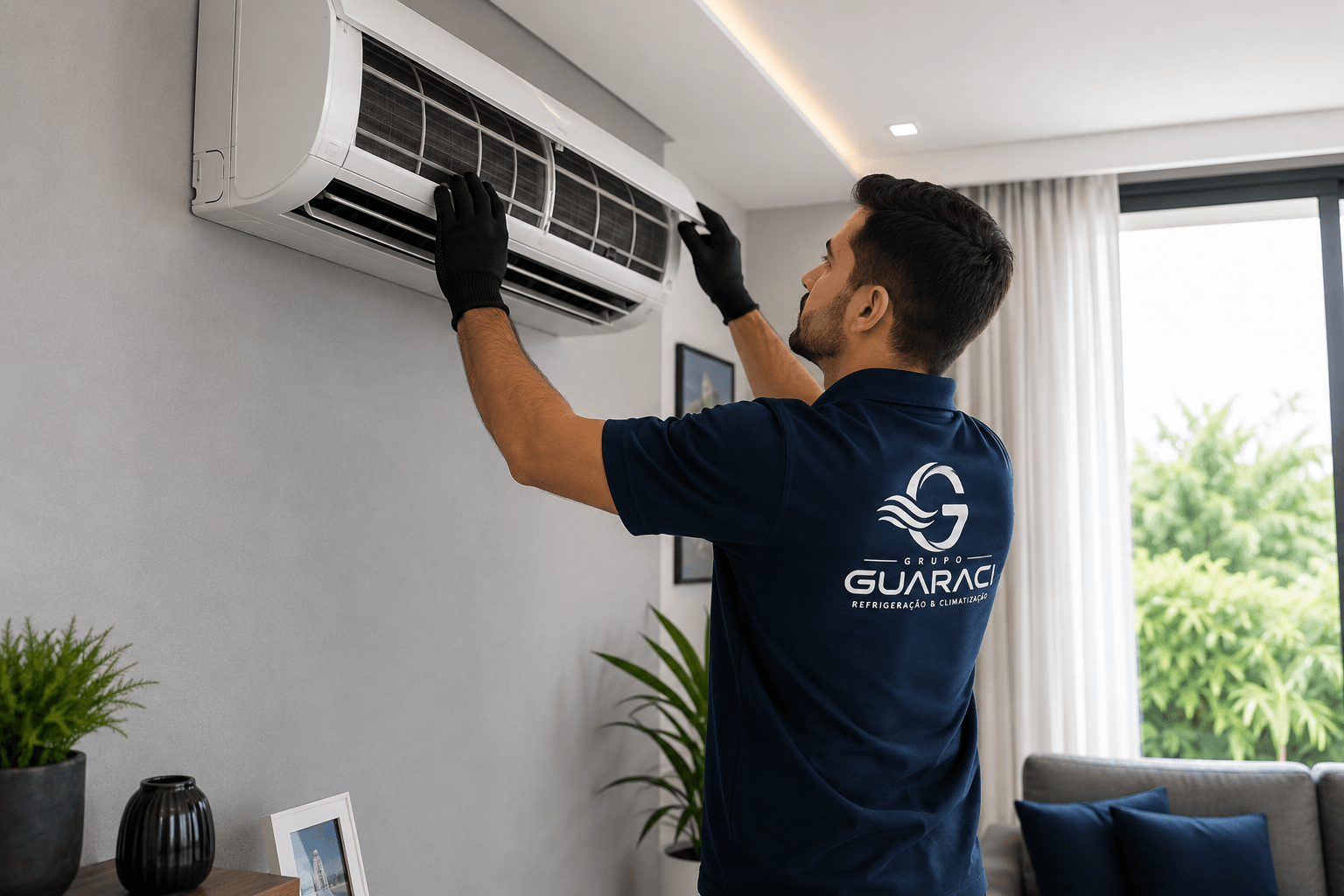 Técnico do Grupo Guaraci realizando manutenção em ar-condicionado